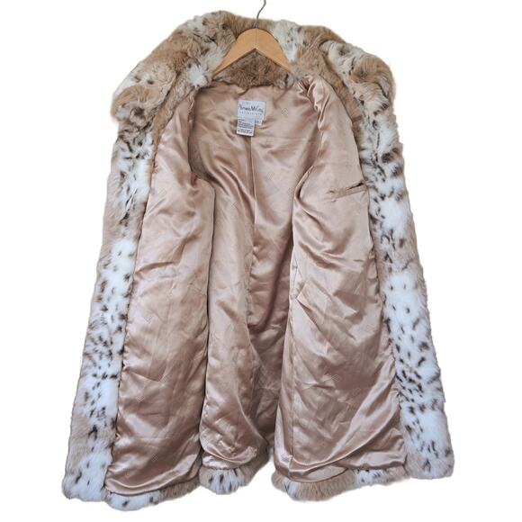 PAMELA MCCOY Lynx Faux Fur Coat Stroller Size Small Tan Off-White Mid Length - Picture 8 of 9